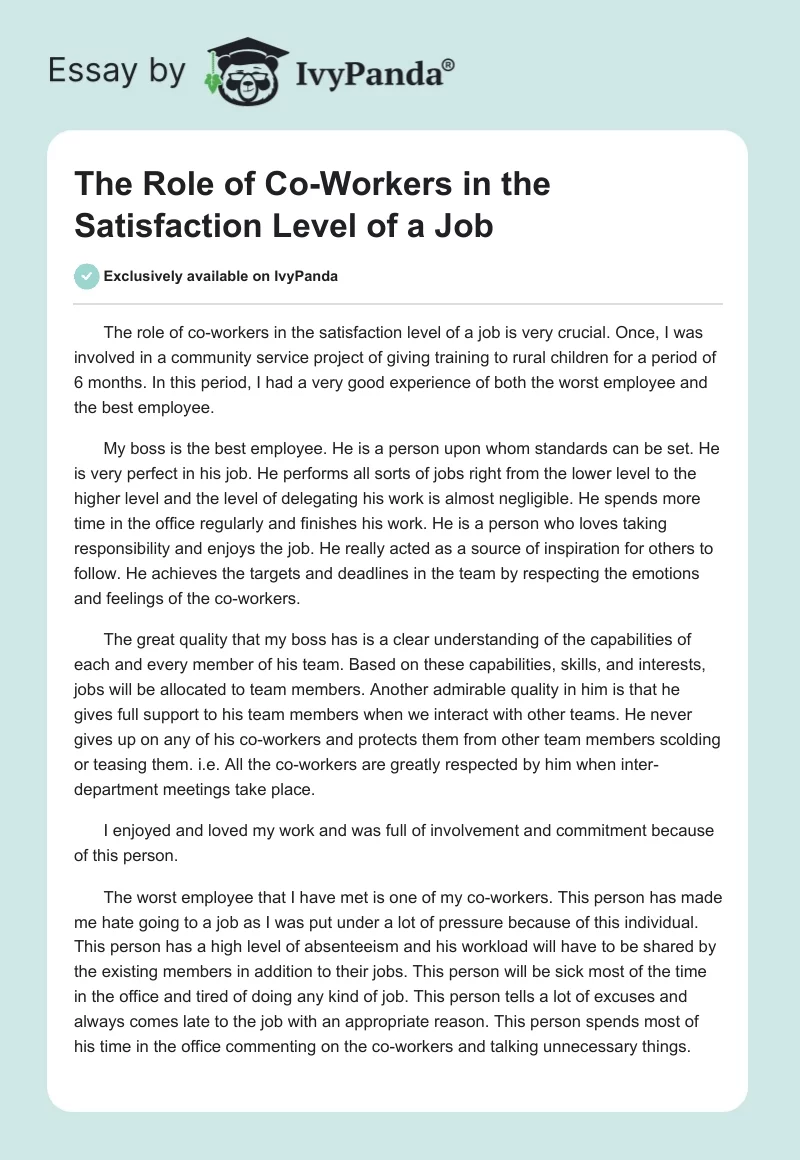 The Role of Co-Workers in the Satisfaction Level of a Job. Page 1
