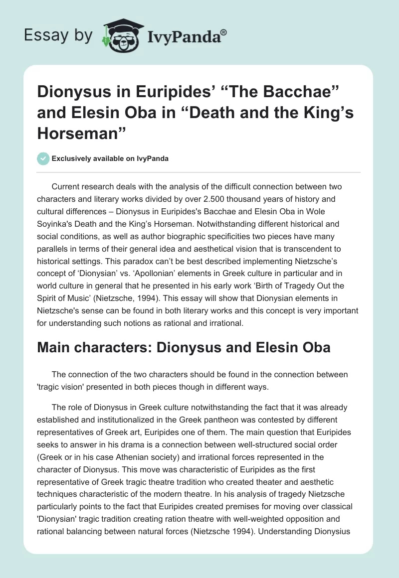 Dionysus in Euripides’ “The Bacchae” and Elesin Oba in “Death and the King’s Horseman”. Page 1