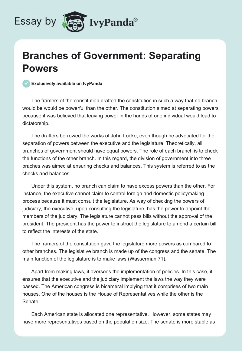 Branches of Government: Separating Powers. Page 1