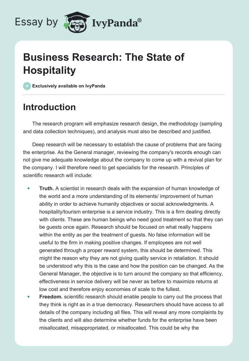 Business Research: The State of Hospitality. Page 1