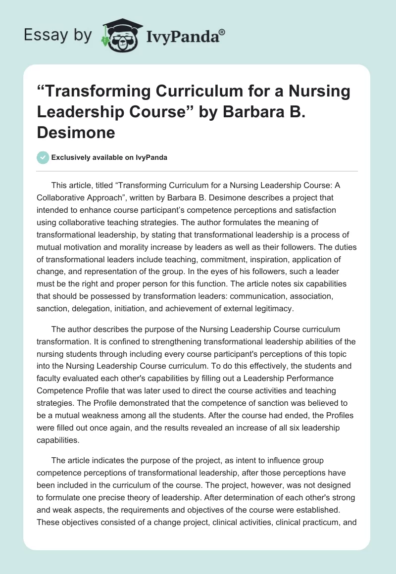 “Transforming Curriculum for a Nursing Leadership Course” by Barbara B. Desimone. Page 1