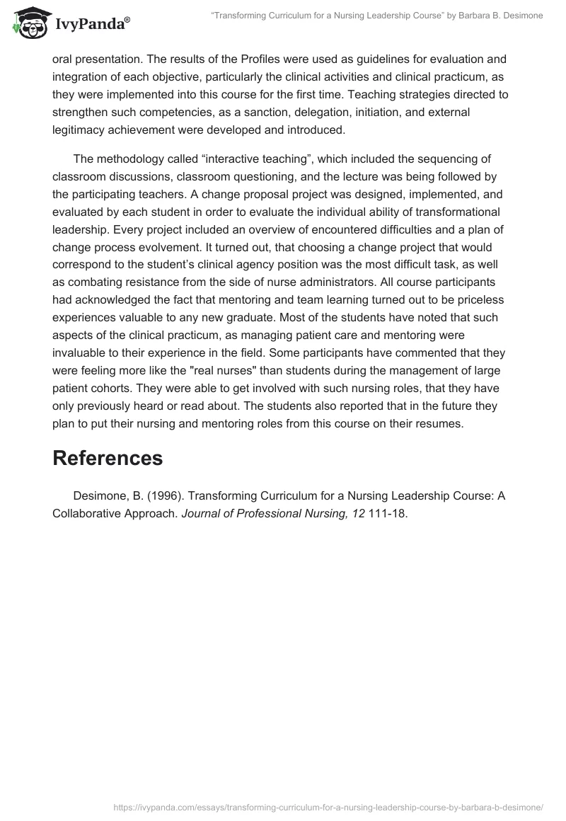 “Transforming Curriculum for a Nursing Leadership Course” by Barbara B. Desimone. Page 2