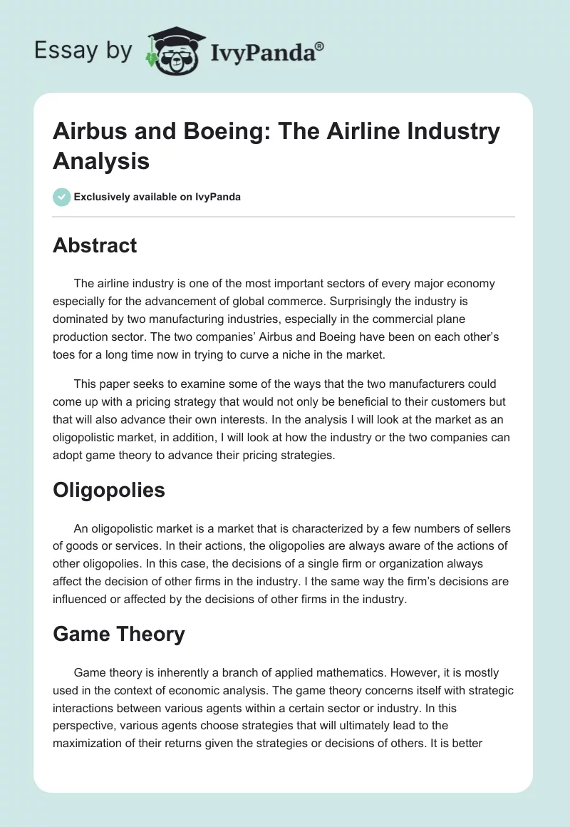 Airbus and Boeing: The Airline Industry Analysis. Page 1