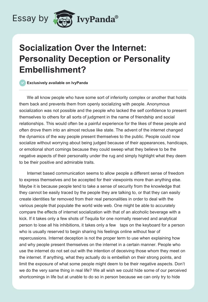 Socialization Over the Internet: Personality Deception or Personality Embellishment?. Page 1