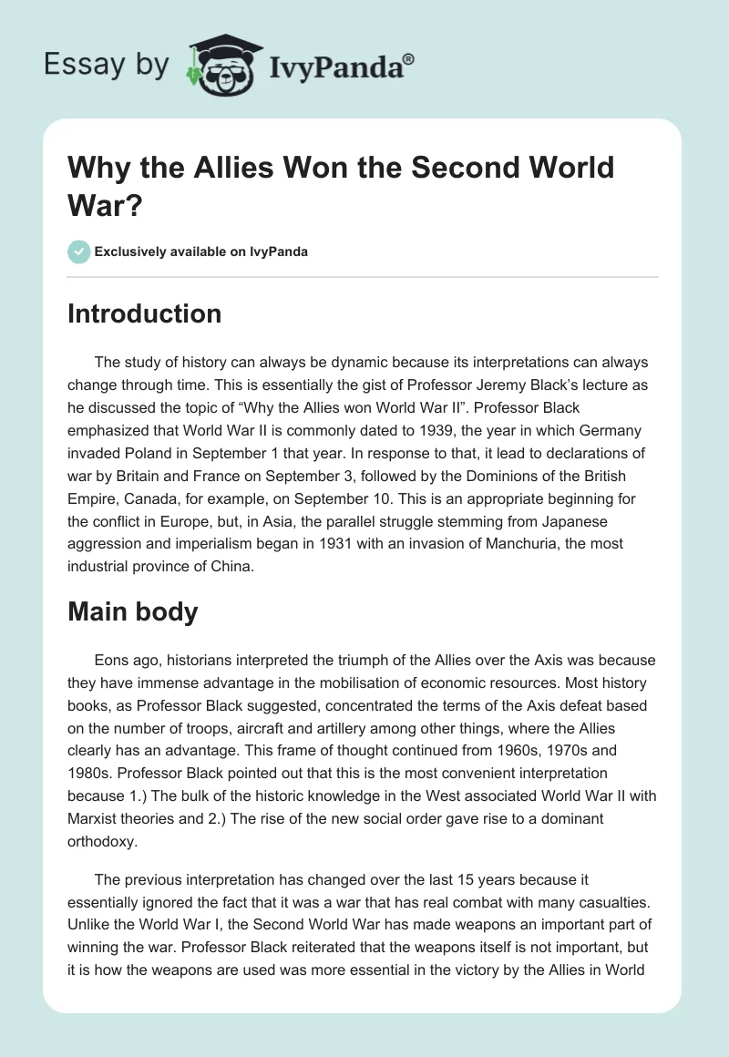 Why the Allies Won the Second World War?. Page 1