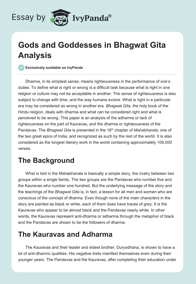 Gods and Goddesses in Bhagwat Gita Analysis. Page 1