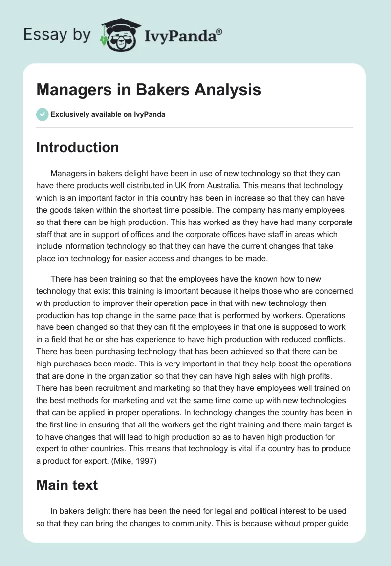 Managers in Bakers Analysis. Page 1
