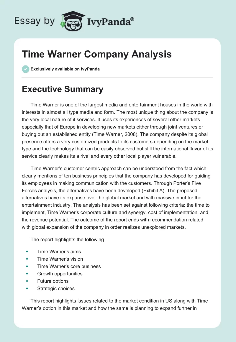 Time Warner Company Analysis. Page 1