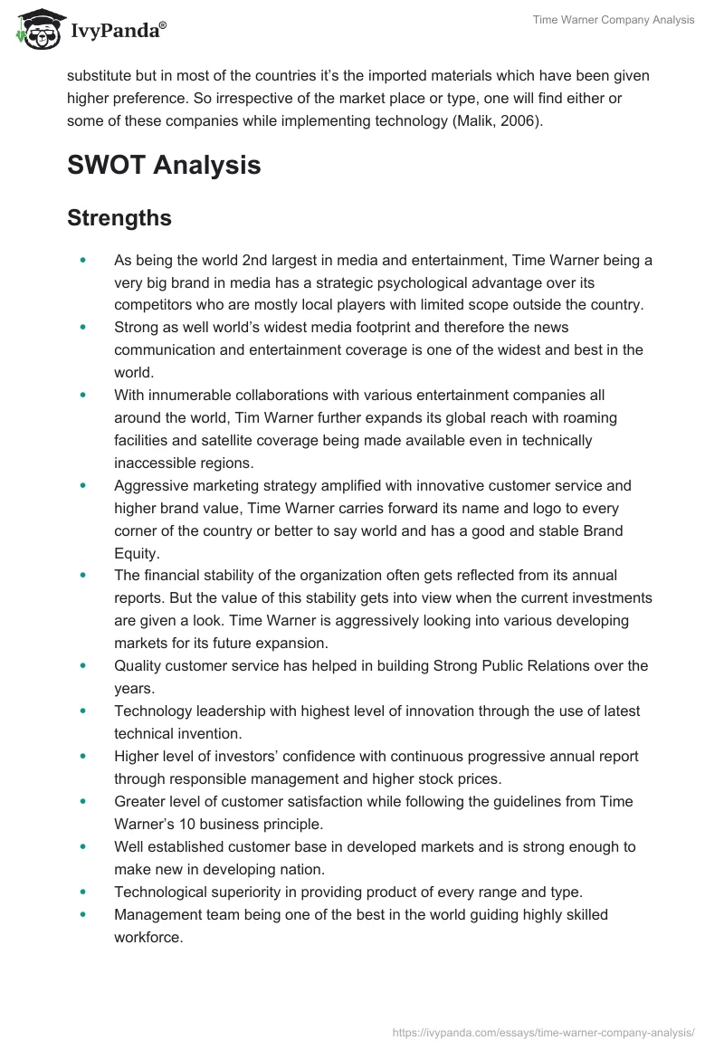 Time Warner Company Analysis. Page 5