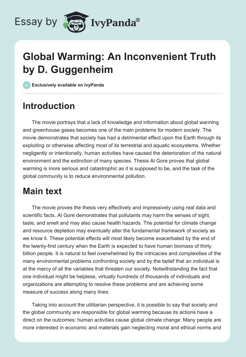 Global Warming: "An Inconvenient Truth" by D. Guggenheim. Page 1
