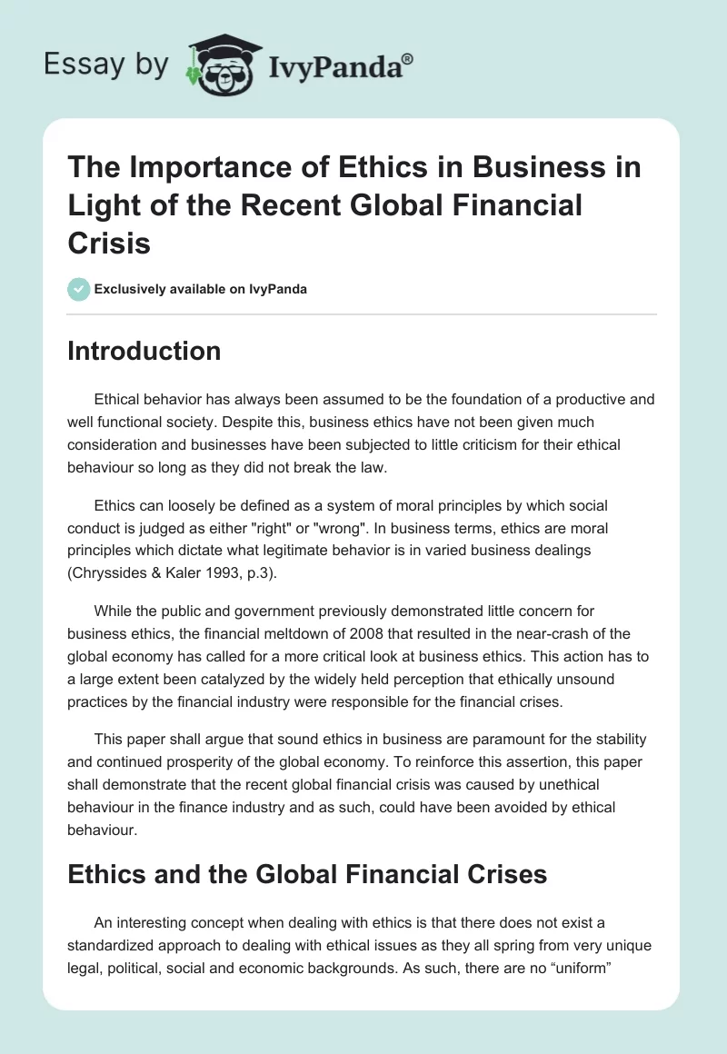 The Importance of Ethics in Business in Light of the Recent Global Financial Crisis. Page 1