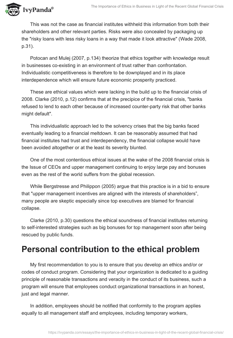The Importance of Ethics in Business in Light of the Recent Global Financial Crisis. Page 3