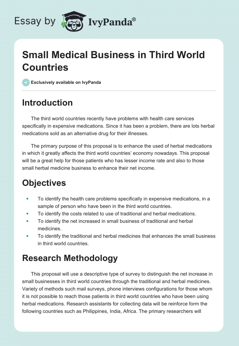 Small Medical Business in Third World Countries. Page 1
