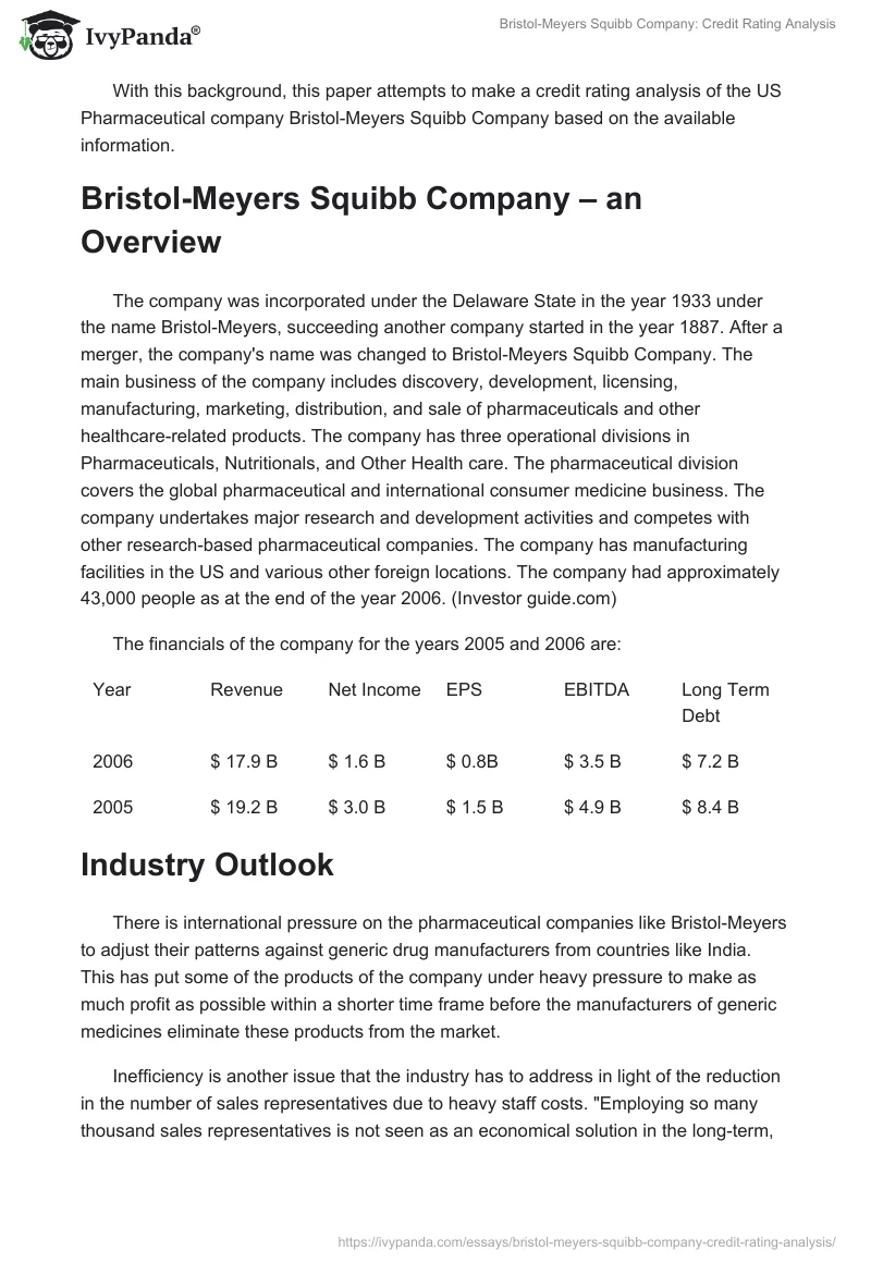 Bristol-Meyers Squibb Company: Credit Rating Analysis. Page 2