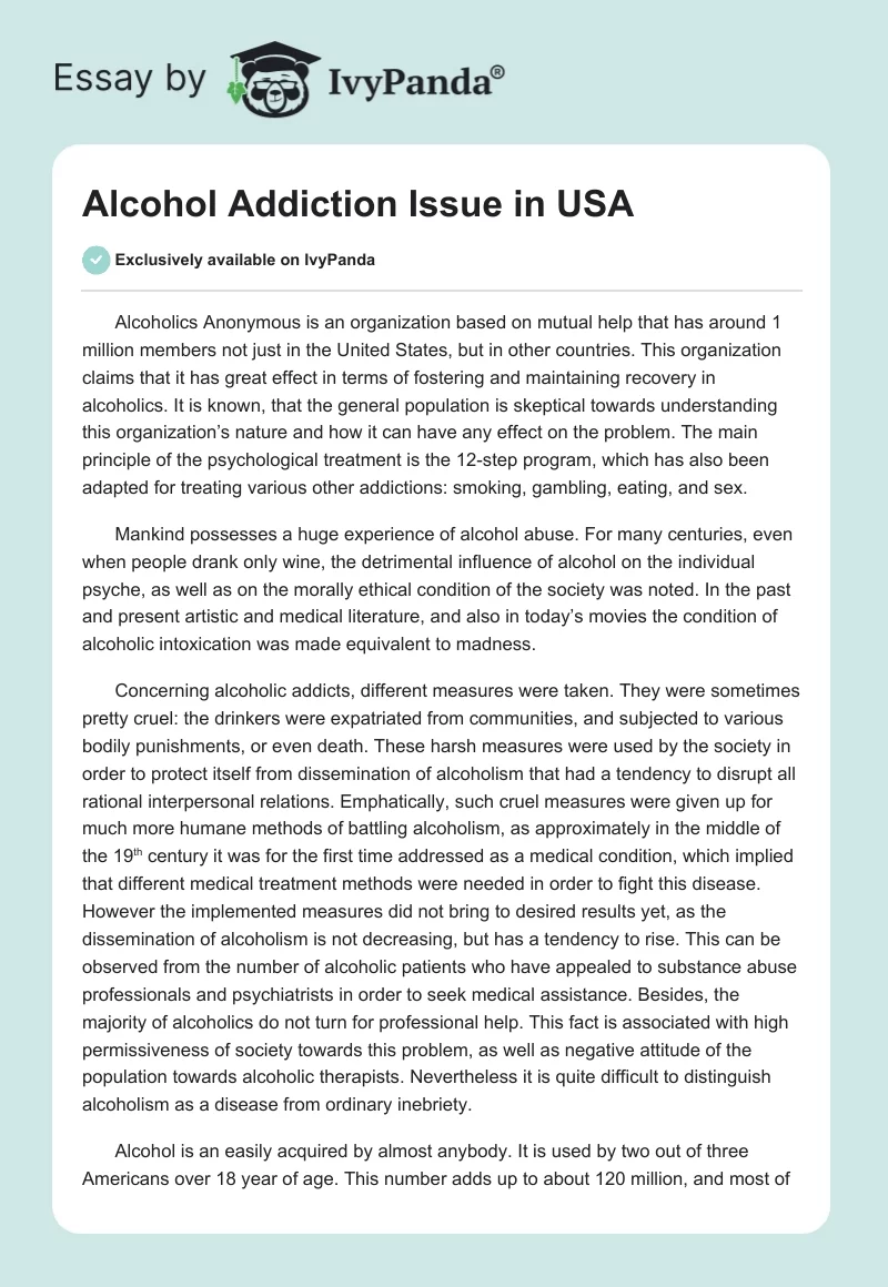 Alcohol Addiction Issue in USA. Page 1