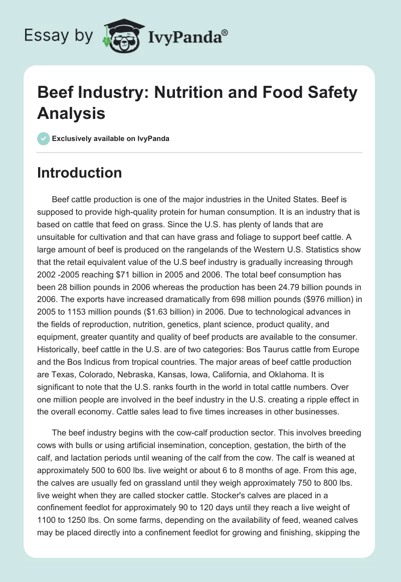 Beef Industry: Nutrition and Food Safety Analysis. Page 1