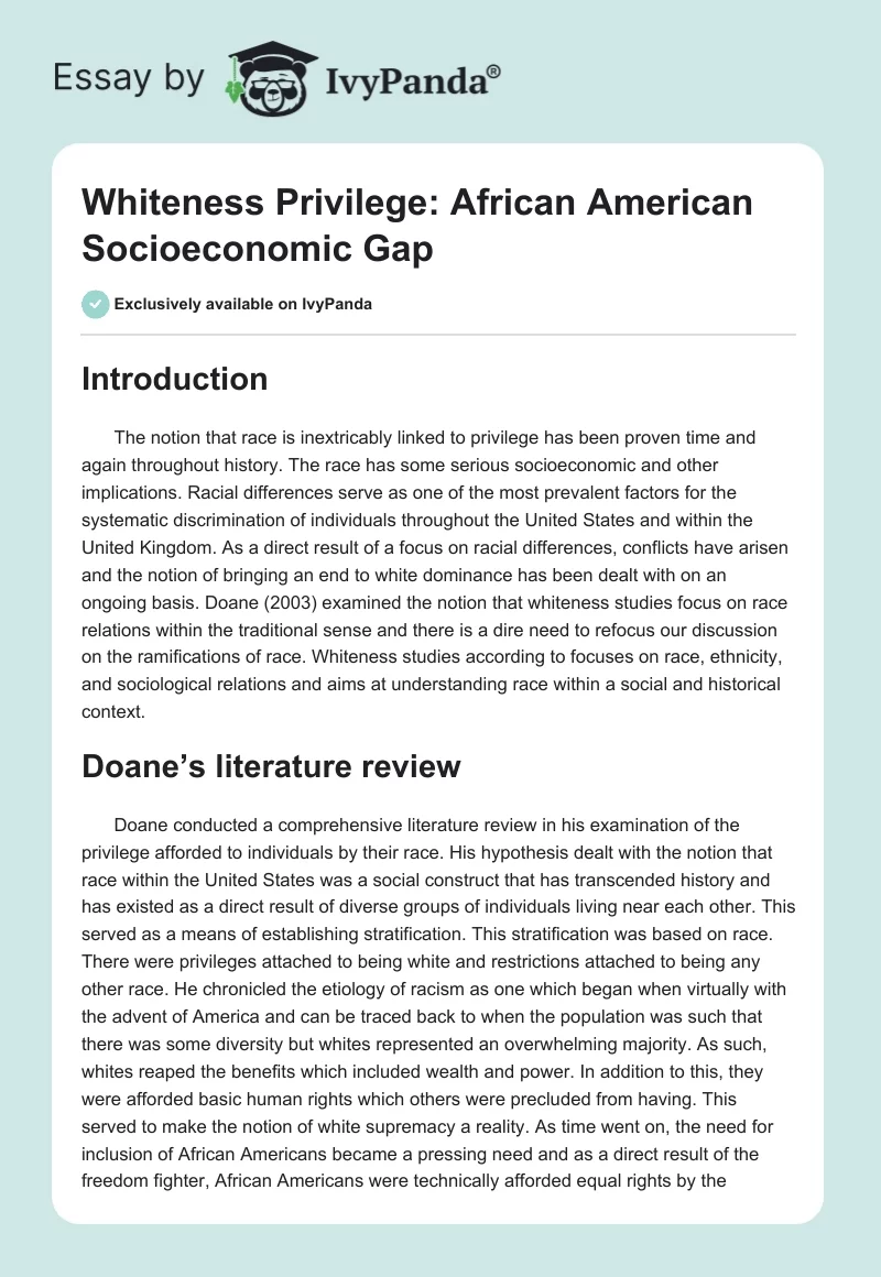 Whiteness Privilege: African American Socioeconomic Gap. Page 1