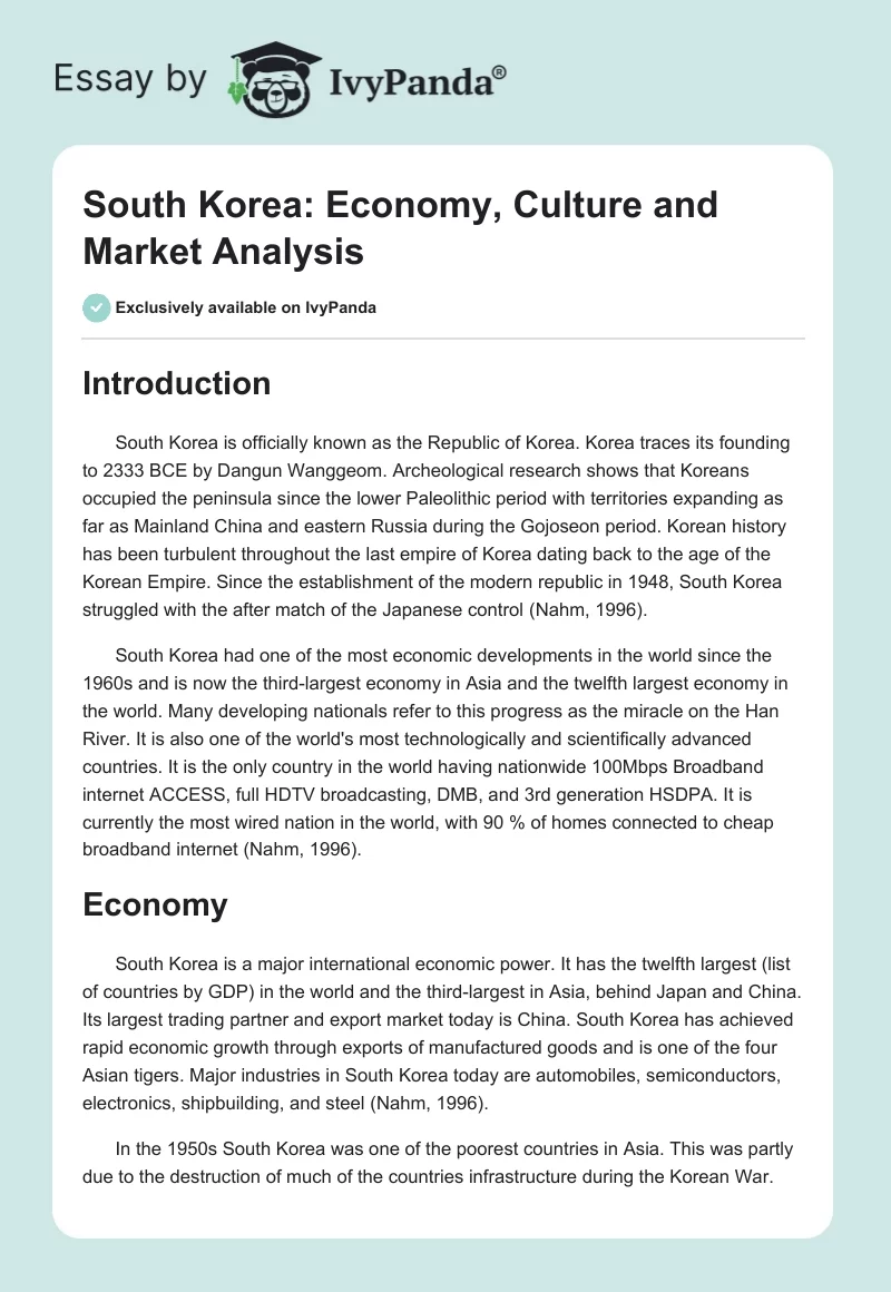 South Korea: Economy, Culture and Market Analysis. Page 1