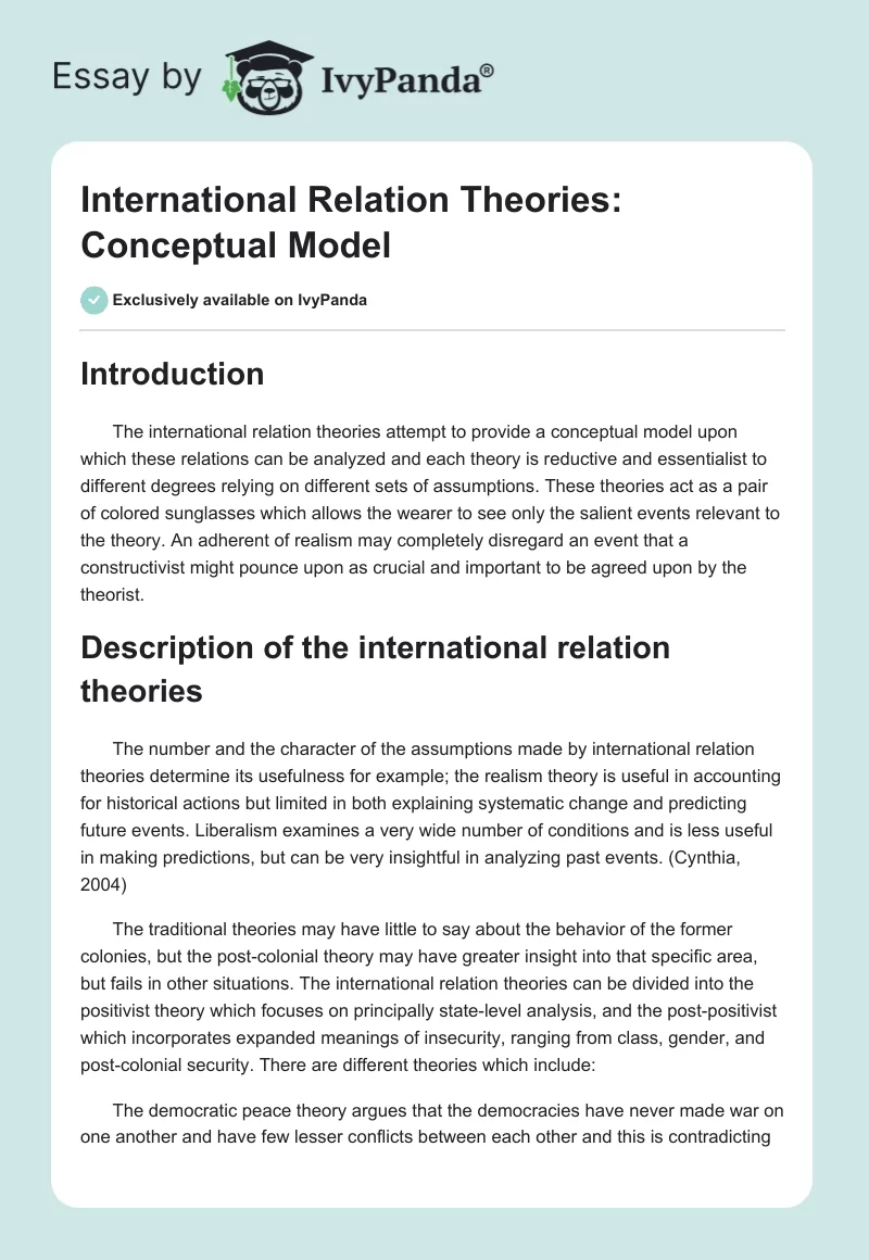 International Relation Theories: Conceptual Model. Page 1