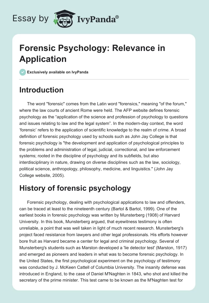 Forensic Psychology: Relevance in Application. Page 1