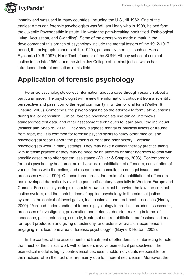 Forensic Psychology: Relevance in Application. Page 2
