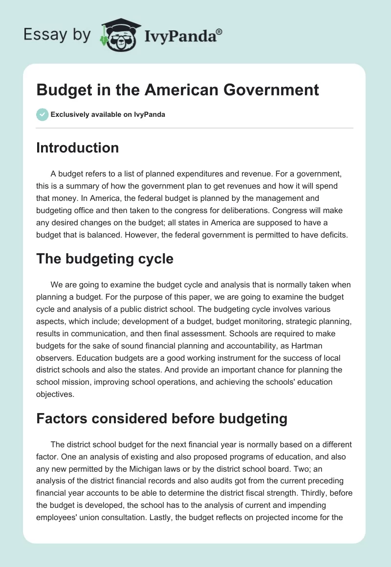 Budget in the American Government. Page 1