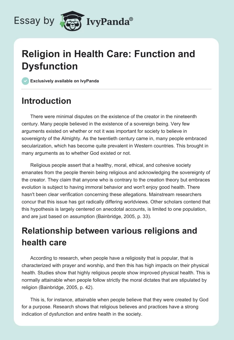 Religion in Health Care: Function and Dysfunction. Page 1
