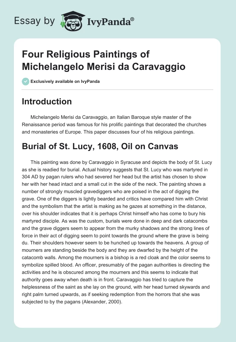Four Religious Paintings of Michelangelo Merisi da Caravaggio. Page 1