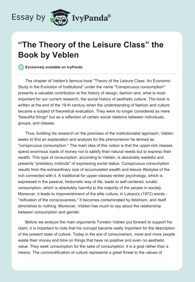 “The Theory of the Leisure Class” the Book by Veblen. Page 1
