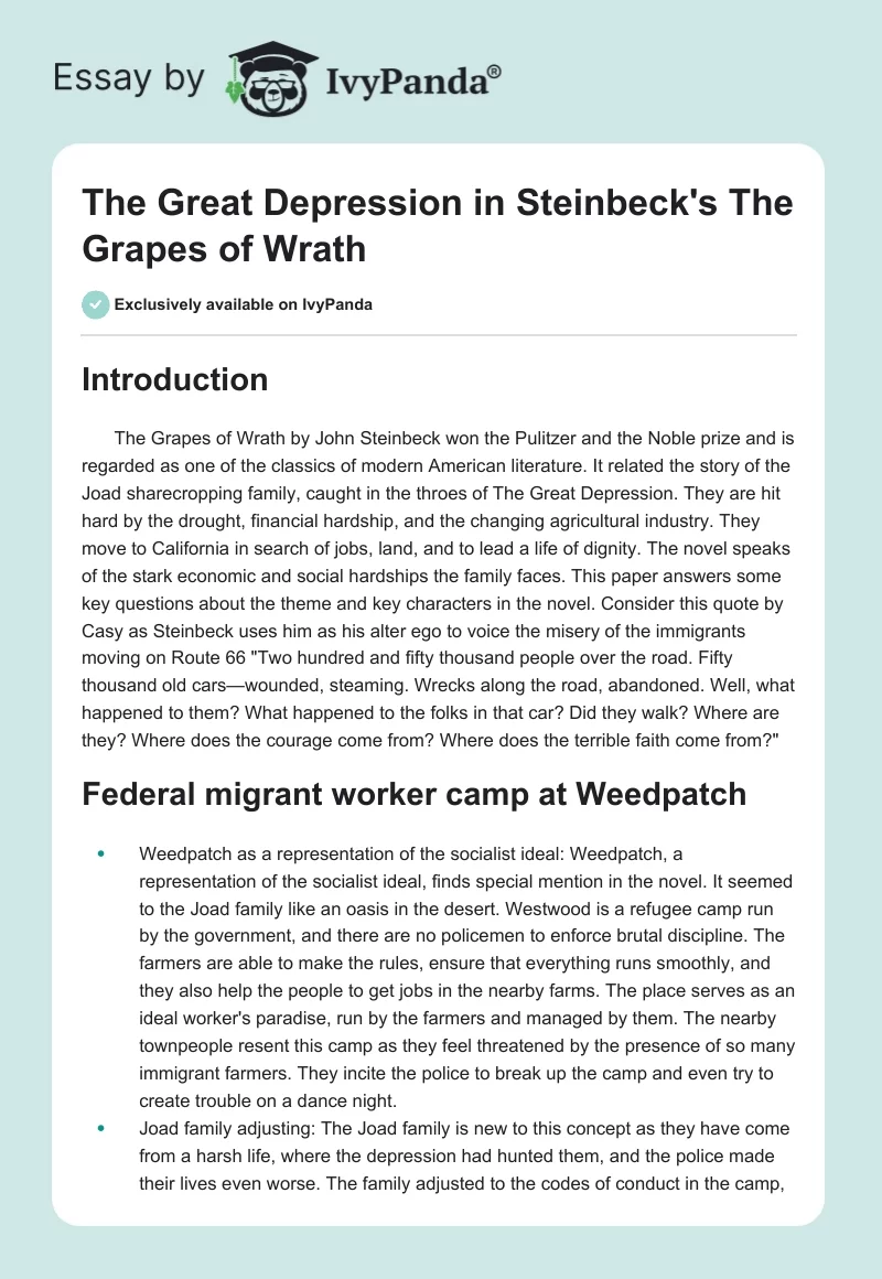 The Great Depression in Steinbeck's "The Grapes of Wrath". Page 1