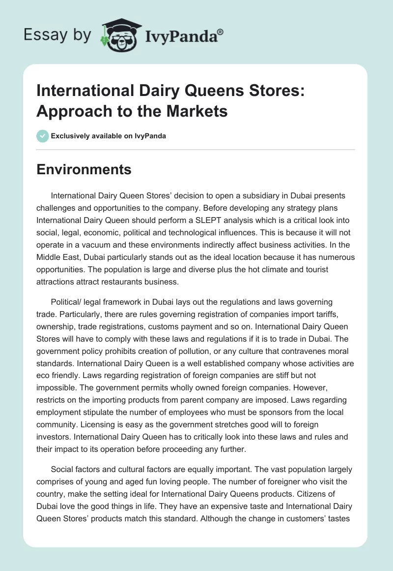 International Dairy Queens Stores: Approach to the Markets. Page 1