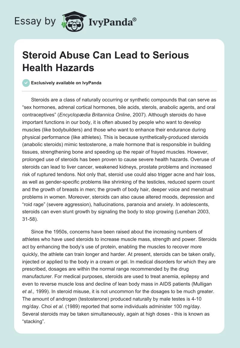 Steroid Abuse Can Lead to Serious Health Hazards. Page 1