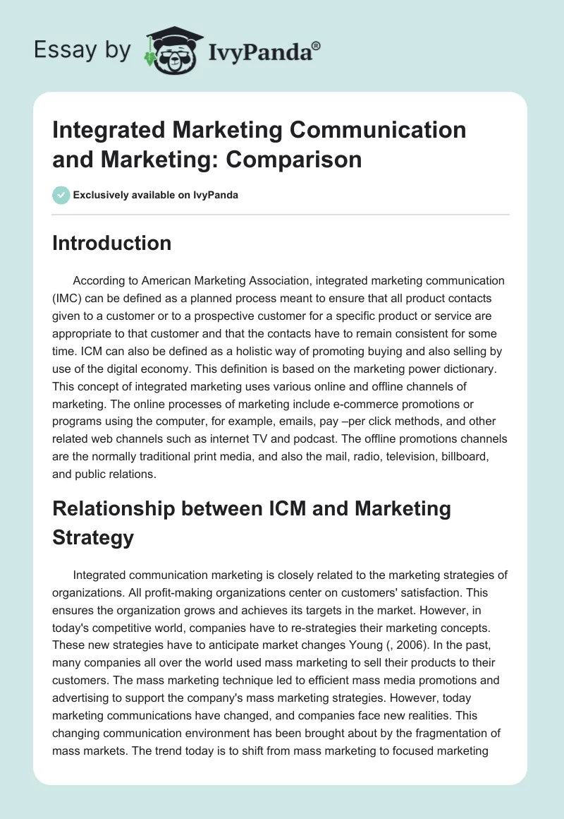 Integrated Marketing Communication and Marketing: Comparison. Page 1