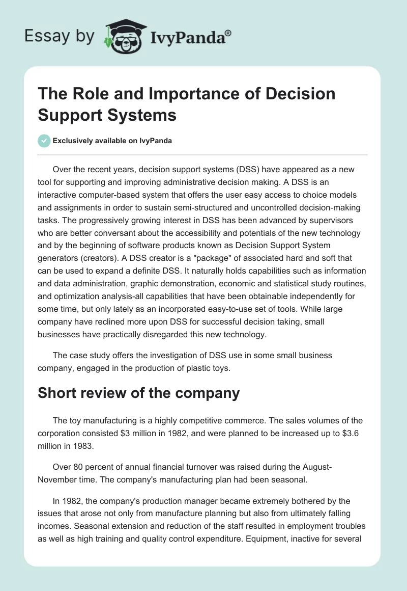 The Role and Importance of Decision Support Systems. Page 1