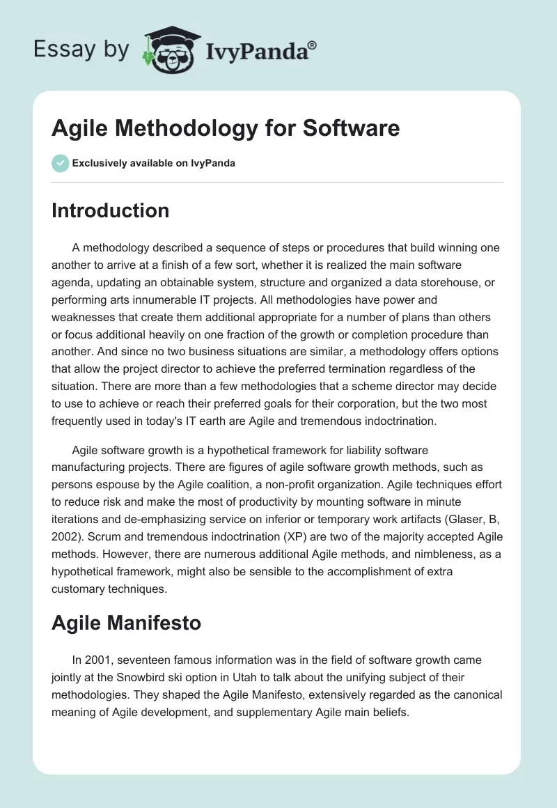 Agile Methodology for Software - 1387 Words | Critical Writing Example