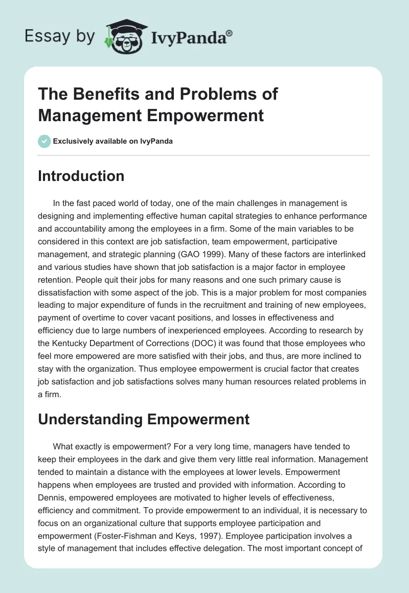 The Benefits and Problems of Management Empowerment. Page 1