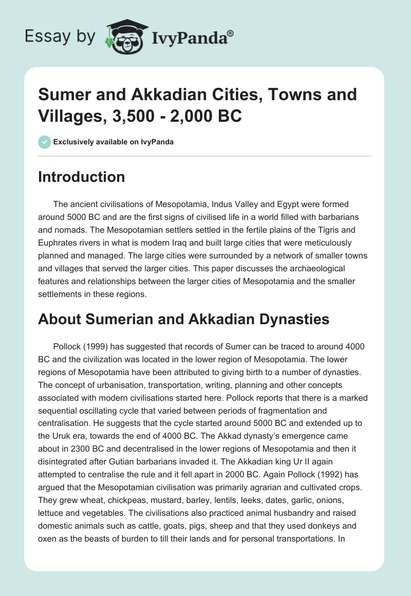 Sumer and Akkadian Cities, Towns and Villages, 3,500 - 2,000 BC. Page 1