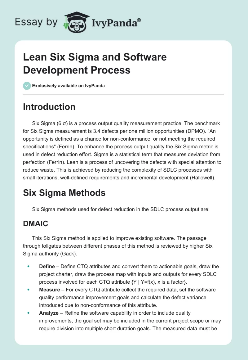 Lean Six Sigma and Software Development Process. Page 1