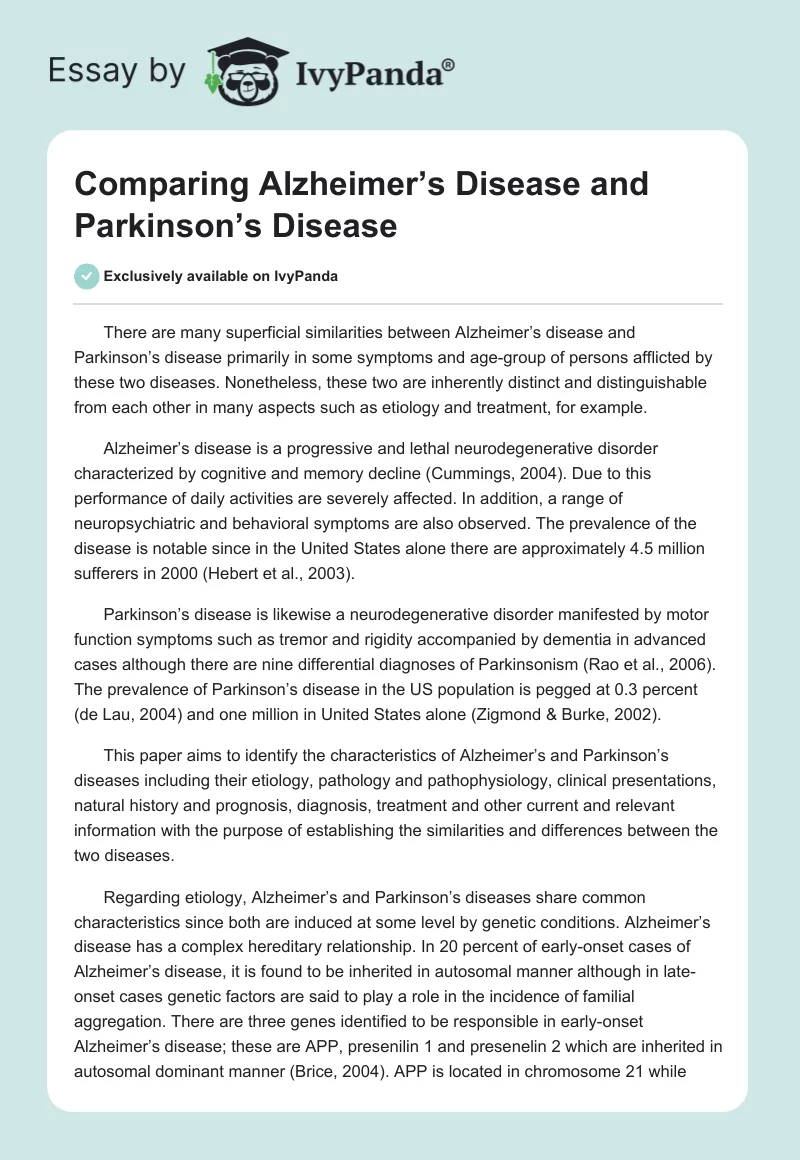 Comparing Alzheimer’s Disease and Parkinson’s Disease. Page 1