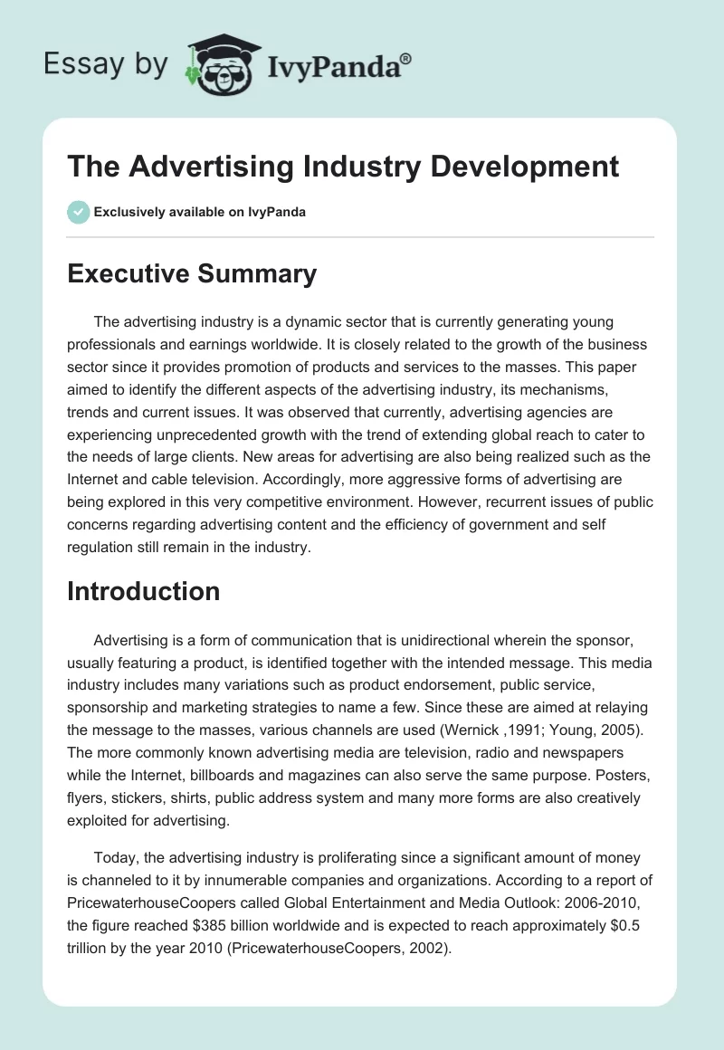 The Advertising Industry Development. Page 1