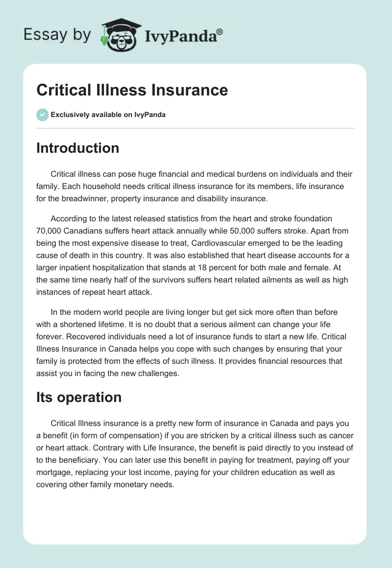 Critical Illness Insurance. Page 1