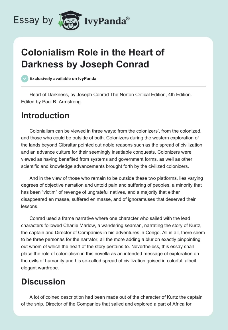 Colonialism Role in the "Heart of Darkness" by Joseph Conrad. Page 1
