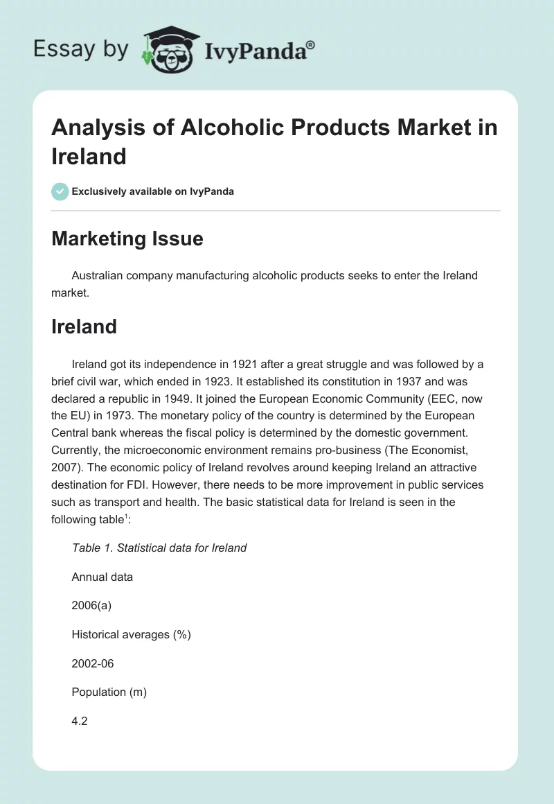 Analysis of Alcoholic Products Market in Ireland. Page 1