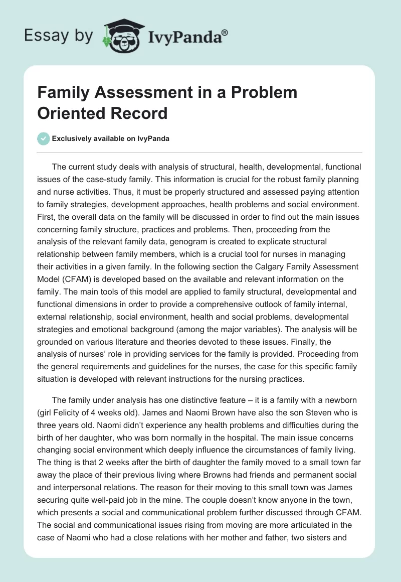 Family Assessment in a Problem Oriented Record. Page 1