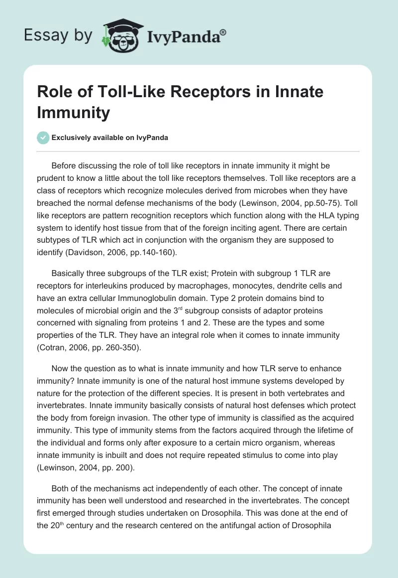 Role of Toll-Like Receptors in Innate Immunity. Page 1