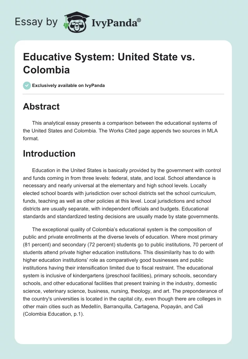 Educative System: United State vs. Colombia. Page 1
