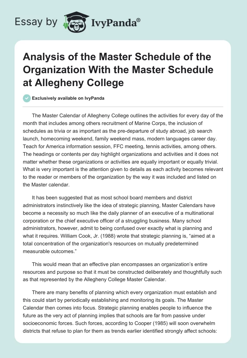 Analysis of the Master Schedule of the Organization With the Master Schedule at Allegheny College. Page 1