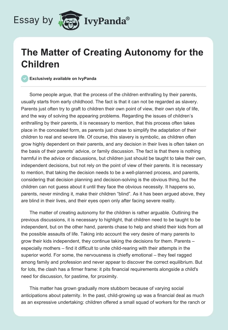 The Matter of Creating Autonomy for the Children. Page 1
