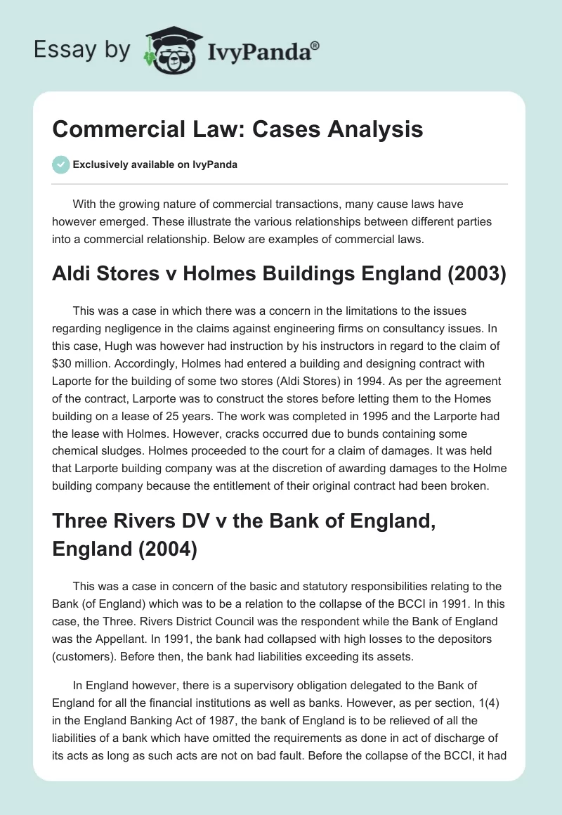 Commercial Law: Cases Analysis. Page 1