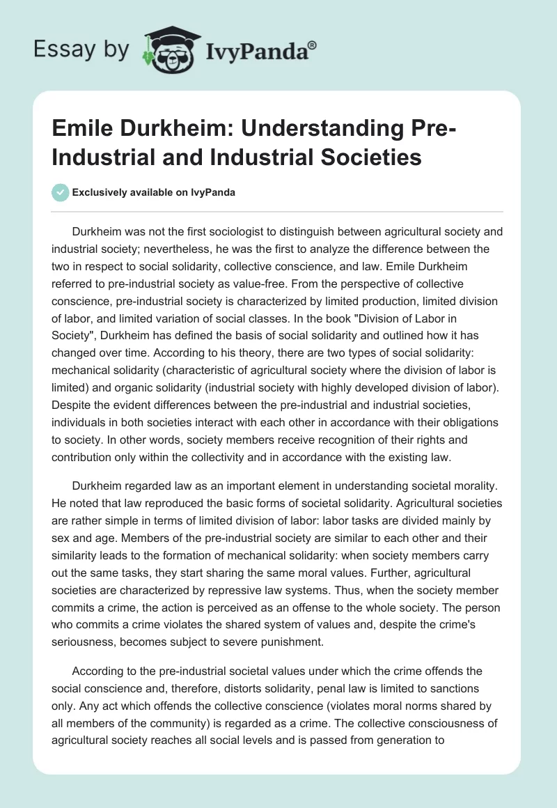 Emile Durkheim: Understanding Pre-Industrial and Industrial Societies. Page 1